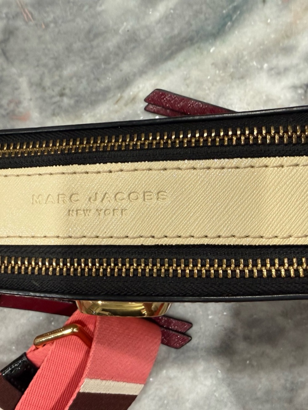 Marc Jacobs Micro Snapshot Beige Camera Crossbody with Pink-Striped Strap, EUC. - Picture 6 of 16